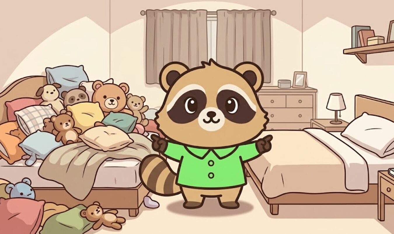 ぬいぐるみが多い枕元と整った枕元を見せながら、たぬきがやさしく説明しているイラスト