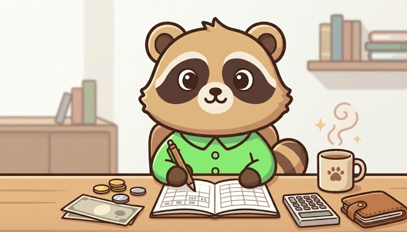 緑のシャツを着たたぬきが机でノートと家計簿を見ながら、前向きに習慣を見直している様子