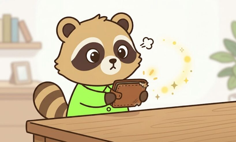 緑のシャツを着たたぬきが少し傷んだ財布を両手で見つめ、首をかしげて考えている