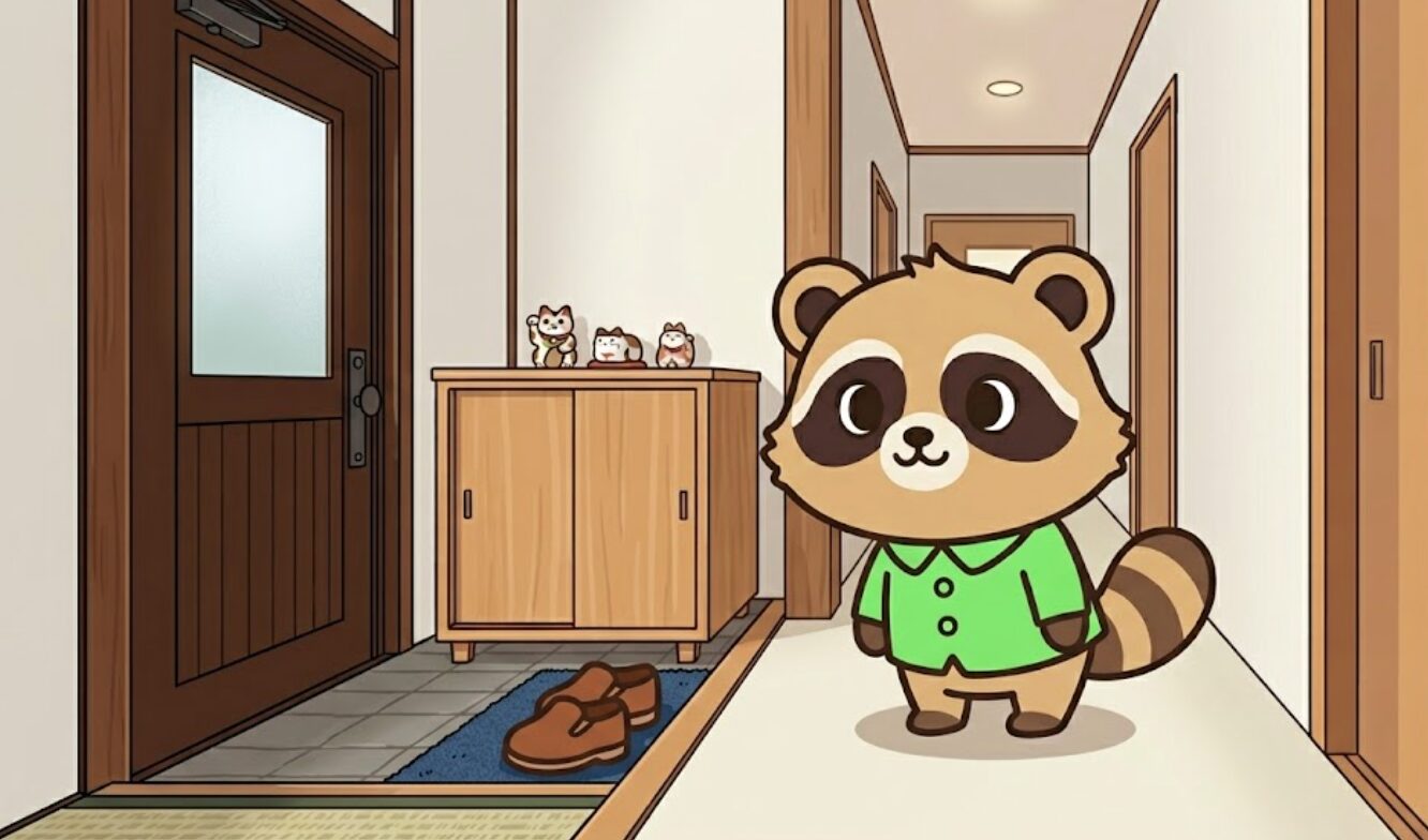 たぬきが玄関で靴をそろえ、外の重さを区切っているイラスト