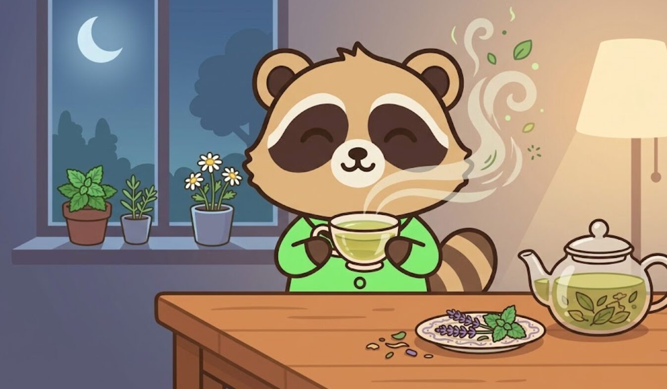 たぬきがハーブティーの香りを楽しみながら、夜のテーブルでリラックスしているイラスト
