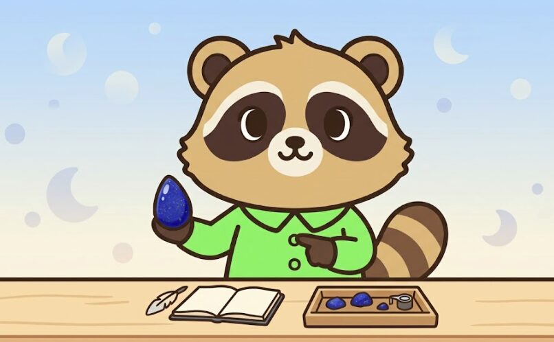 ラピスラズリの効果と意味を説明する緑のシャツのたぬきキャラクター