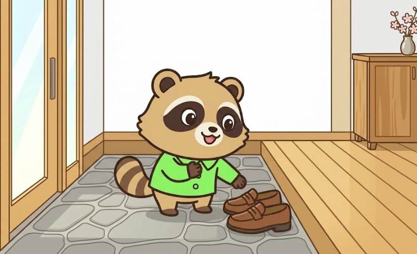 風水で玄関の環境が大事にされる理由を表現した、整った玄関のたたきで外履きの靴をそろえて安心した表情を見せる緑のシャツのたぬきキャラクターのブログ用挿絵
