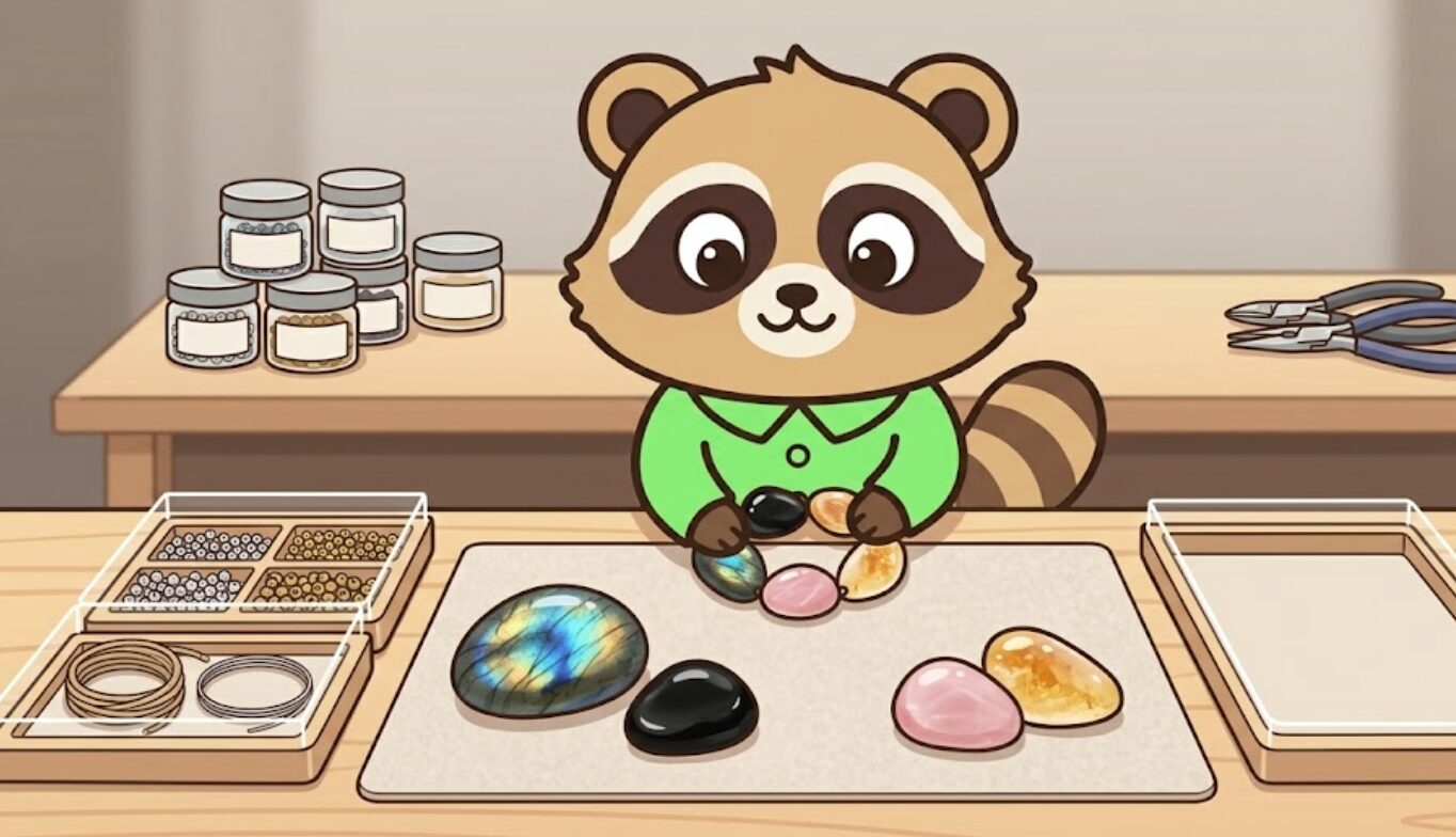 机の上でラブラドライトと他の天然石を並べて選ぶ緑のシャツのたぬき