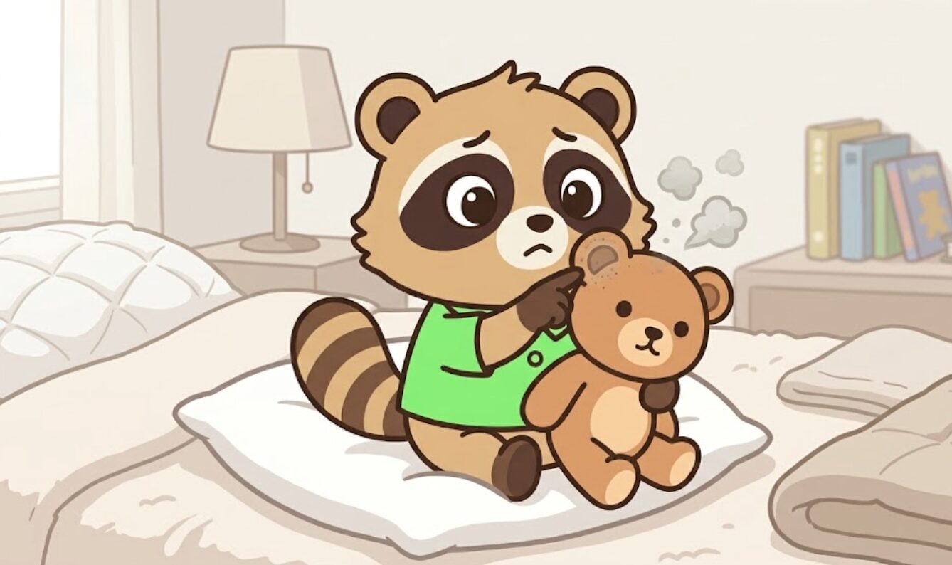 枕元のぬいぐるみのほこりを気にして、たぬきが確認しているイラスト