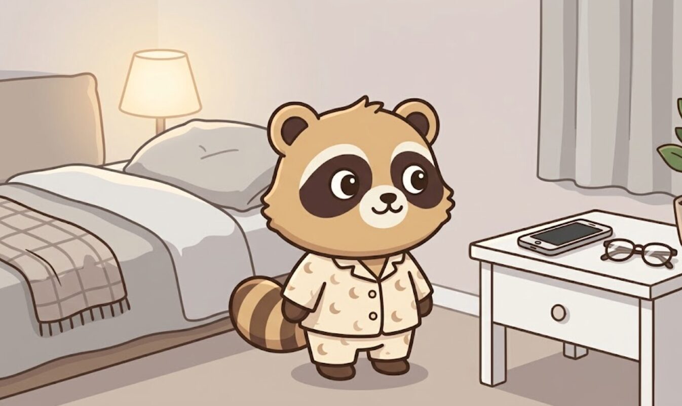 寝る前のたぬきがベッドから少し離れた棚にスマホを置き、安心した表情で眠る準備をしているイラスト