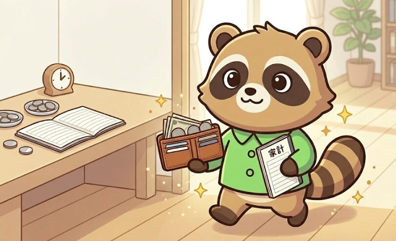 緑のシャツのたぬきが財布と家計ノートを持って前向きに歩き出している