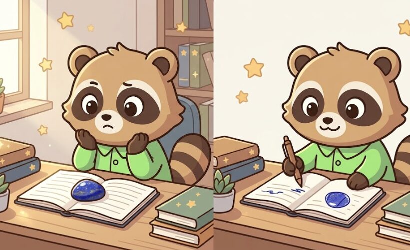 ラピスラズリの石言葉の意味を整理しながらメモするたぬきキャラクター