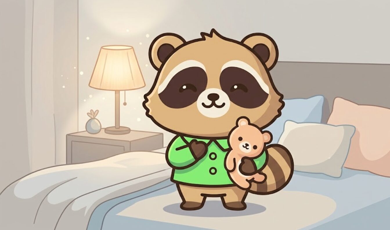 ぬいぐるみを抱きしめて安心した表情を見せるたぬきのイラスト