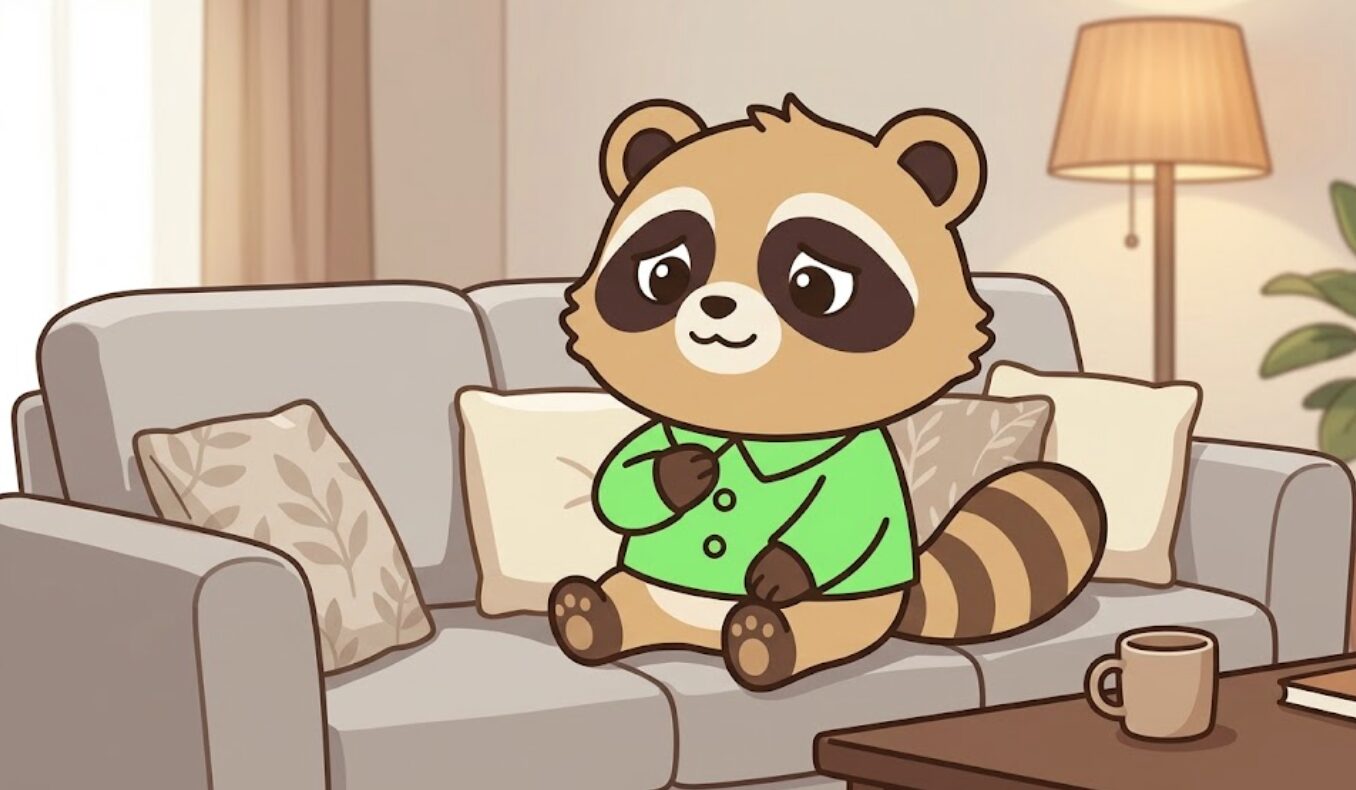 ソファに座ったたぬきが胸に手を当て、人と会ったあとの疲れをやさしく受け止めているイラスト