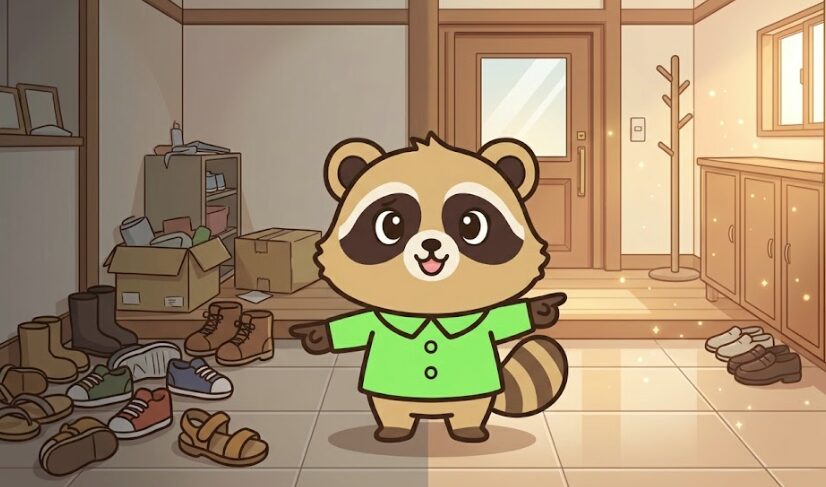玄関に靴がたくさん散らかった状態と、靴が整って床が見えているすっきりした状態を左右で対比しながら、緑のシャツを着たかわいいたぬきキャラクターが指差して説明しているブログ用イラスト