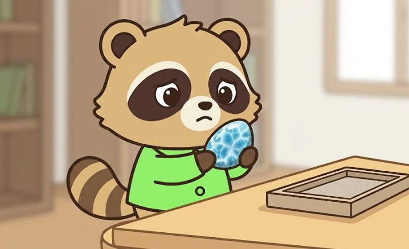 ラリマーの模様を見つめながら、気持ち悪さや違和感について考えている緑のシャツのたぬきのイラスト