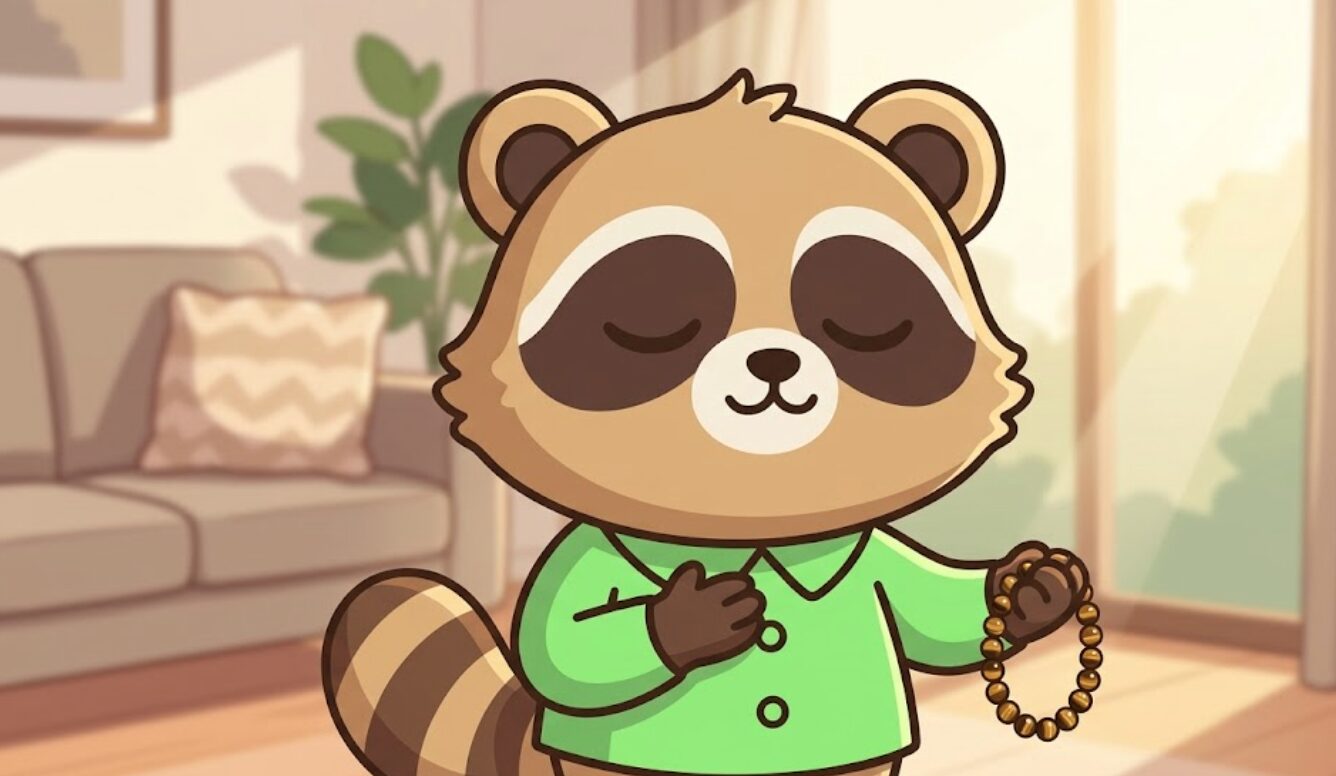 タイガーアイを指差しながら胸に手を当て、自分の感覚を取り戻そうとしているたぬきのイラスト