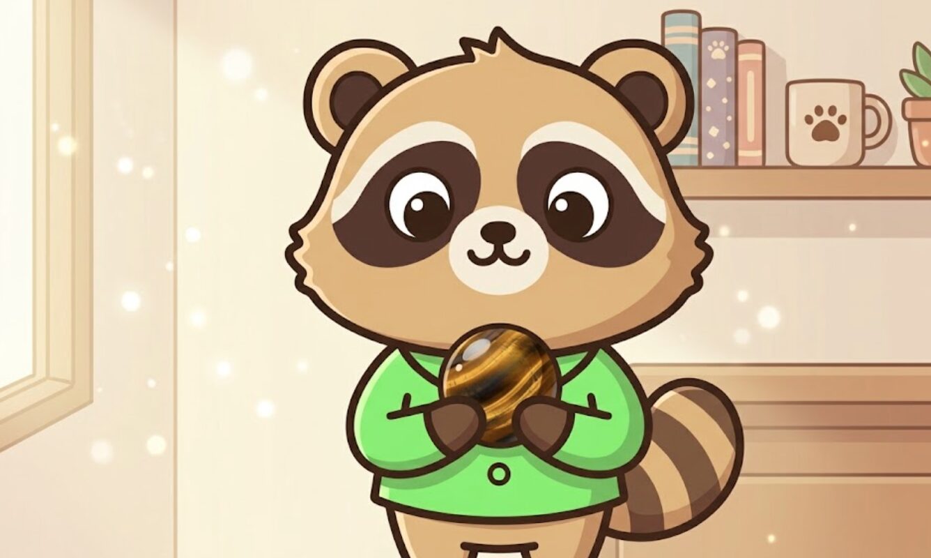 タイガーアイを両手で包み込み、安心した表情で見つめているたぬきのイラスト