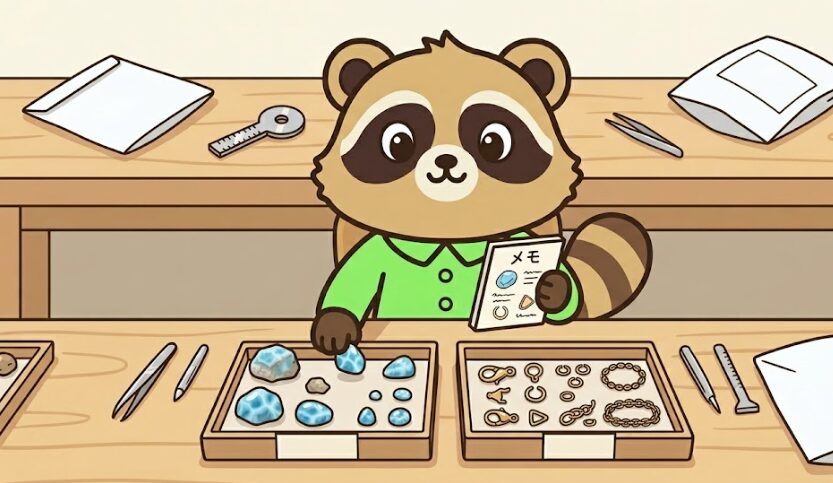 ラリマーと金具を分けて並べ、自治体のルールを確認しながら適切に処分しようとしている緑のシャツのたぬきのイラスト