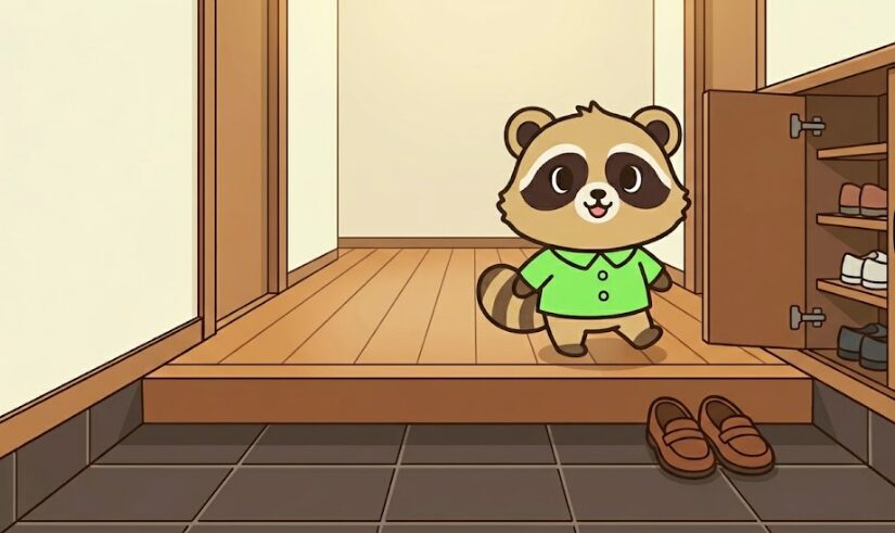 靴の数を見直してすっきりした玄関で、外履きの靴を1足だけ残し、気持ちよさそうに歩き出す緑のシャツのたぬきキャラクターのイラスト