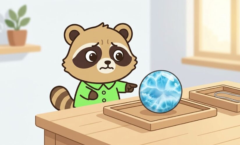 ラリマーが怖く感じる理由を、机の上の石を指さして説明しているたぬきのイラスト