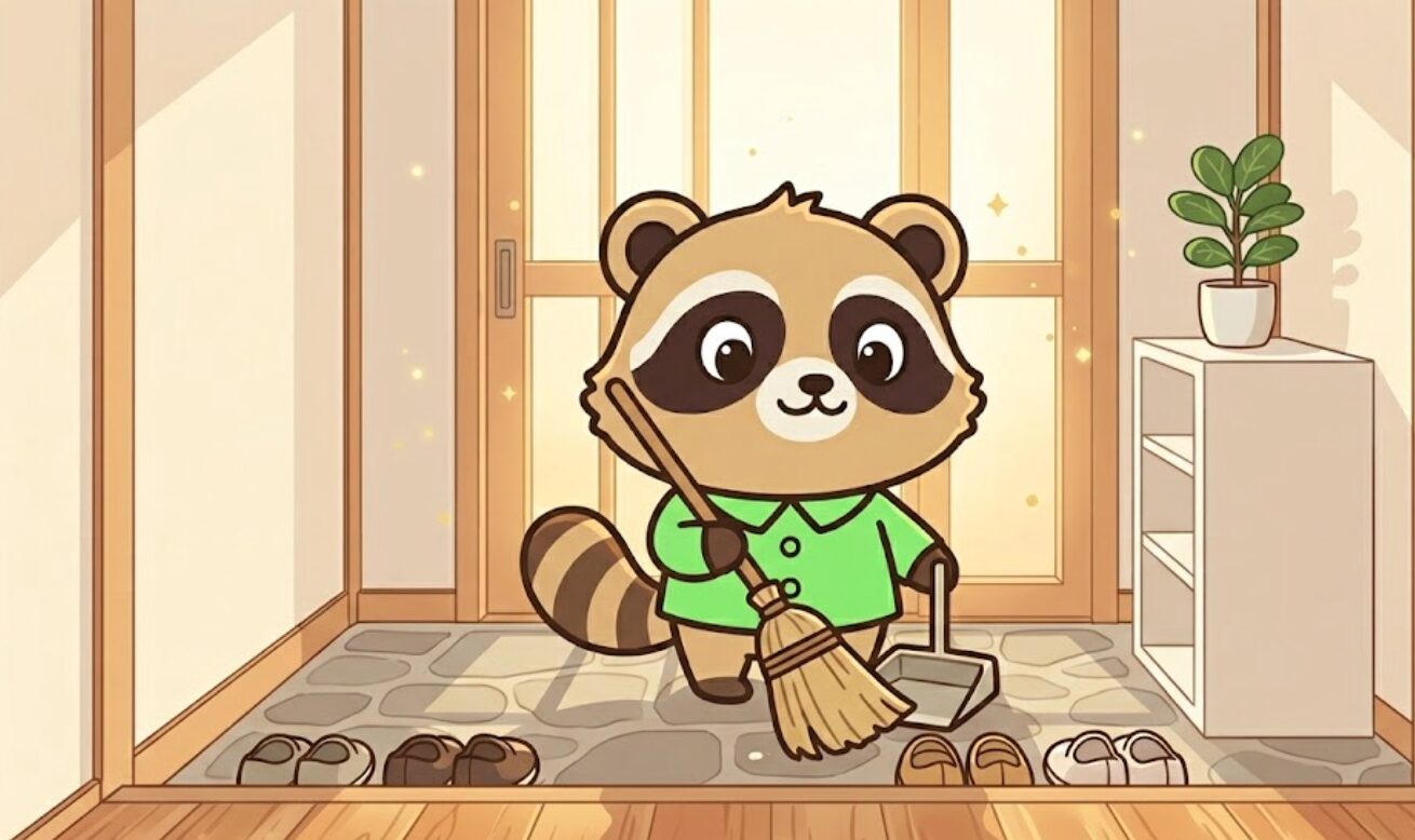 緑のシャツを着たたぬきが明るい玄関でたたきを掃き、靴をきれいに揃えている様子