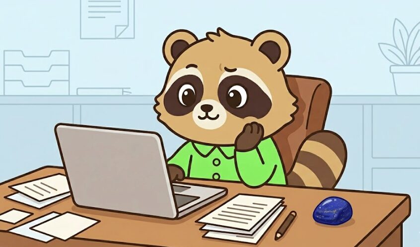 仕事や人間関係の悩みを整理するたぬきキャラクターとラピスラズリ