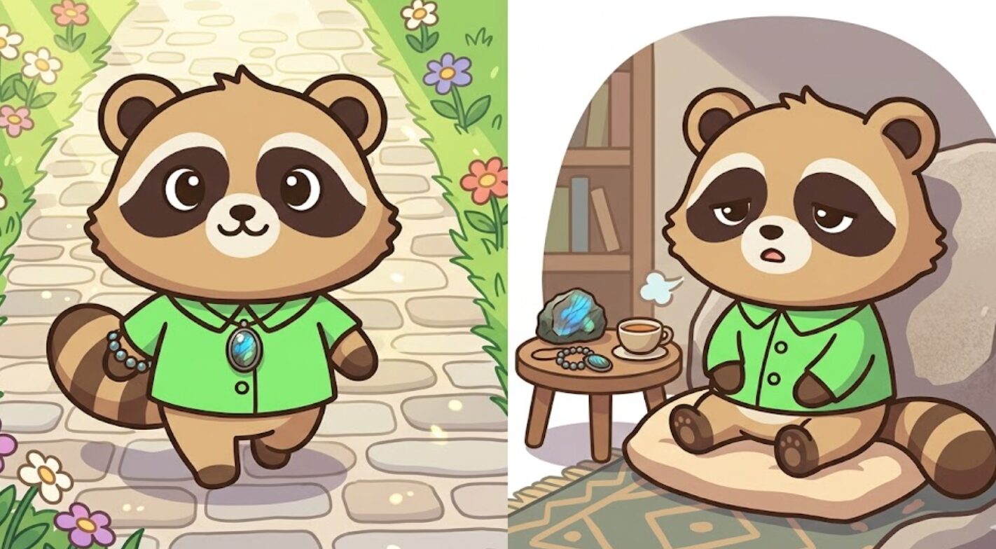 ラブラドライトが合う場合と合わない場合を左右で表した緑のシャツのたぬき