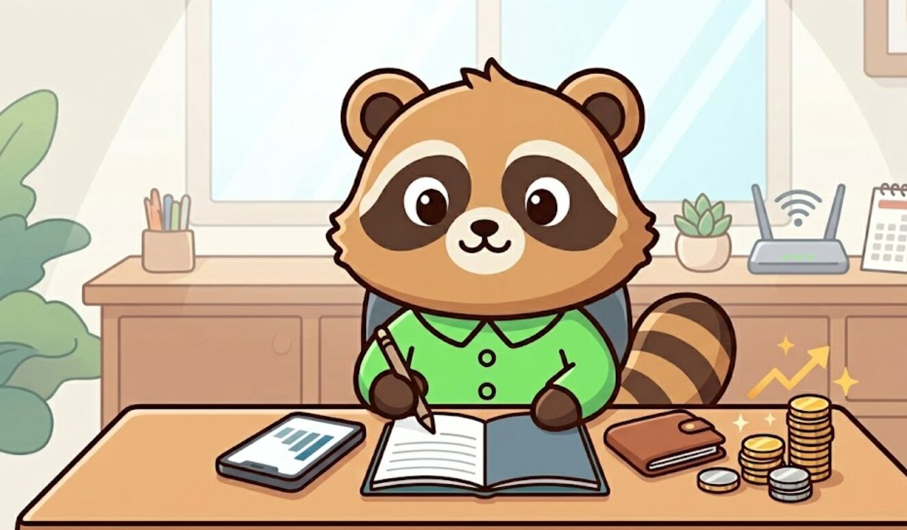 緑のシャツを着たたぬきが机でスマホ料金を見直しながら家計簿に書き込み、節約後のお金を確認している様子