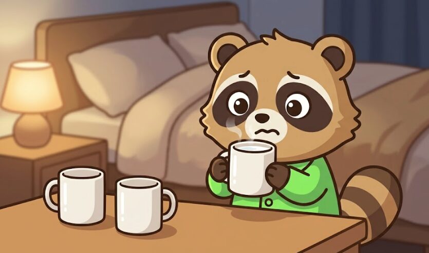 たぬきが白湯の入ったマグカップを持ち、熱さと飲みすぎに気をつけながら困った表情をしているイラスト