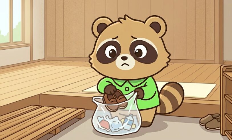 靴をごみ袋に入れながら少し迷っているたぬき