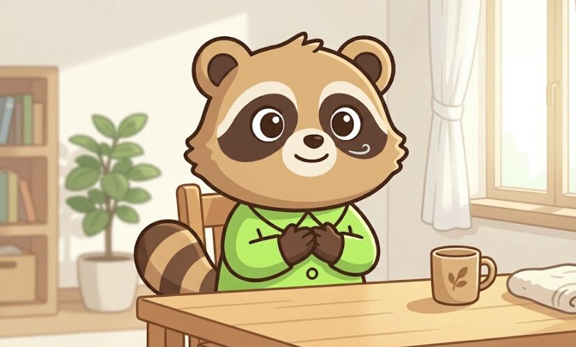 自宅のテーブルで深呼吸しながら気持ちを整えている、緑のシャツのたぬきのイラスト