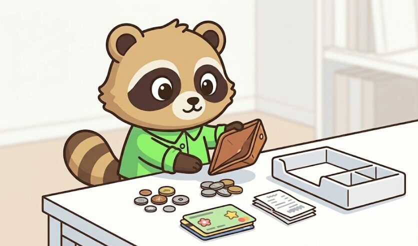 たぬきが財布を逆さにして中身を全部机に出し、カードやレシートや小銭を並べている