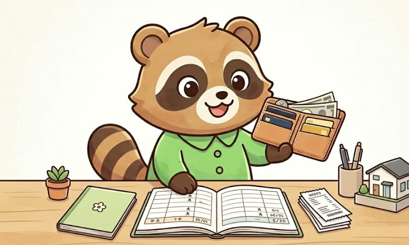 たぬきが中身を減らしてすっきりした財布を開き、家計ノートを見ながら喜んでいる