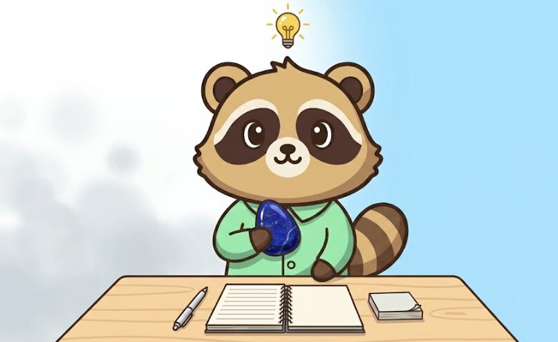 ラピスラズリを胸に当てて気持ちを整えるたぬきキャラクター