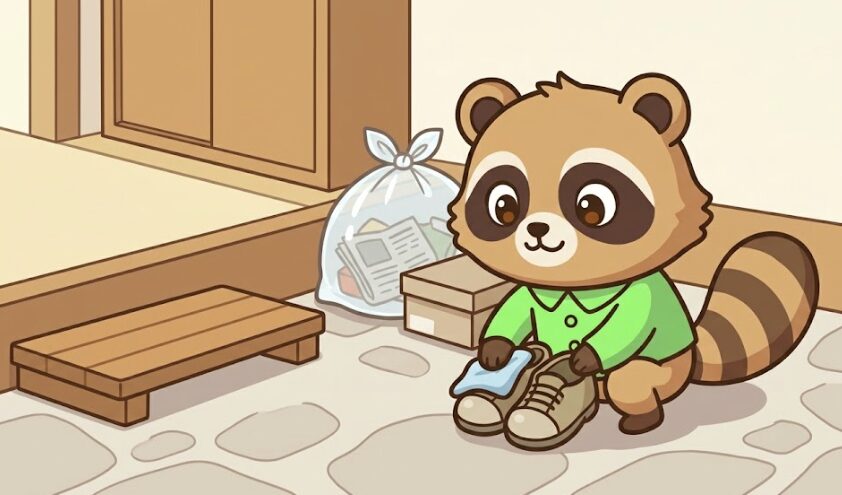 手放す前に靴を布でやさしく拭いているたぬき