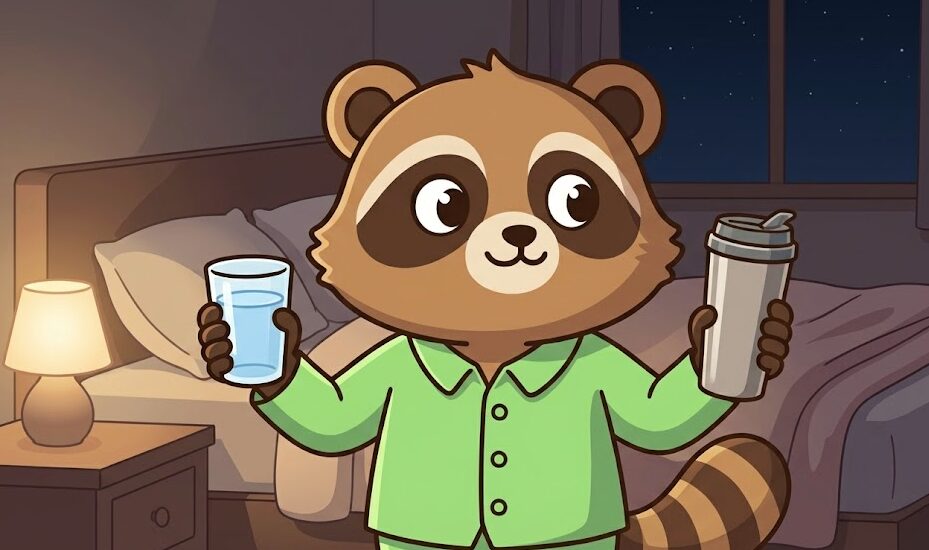 夜の寝室で緑の前開きパジャマを着たかわいいたぬきが、左手に蓋のないコップの水、右手に蓋つきタンブラーを持って見比べている