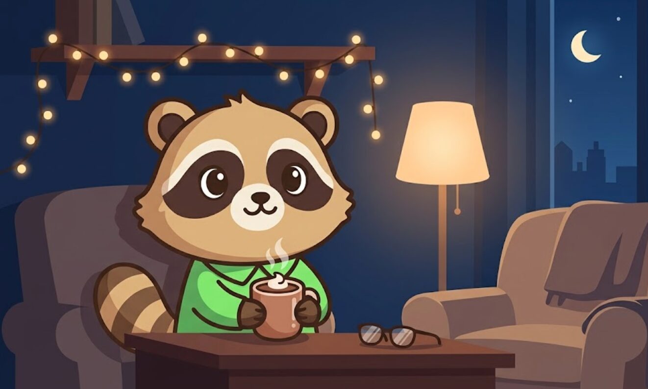 たぬきが夜の部屋で温かい飲み物を持ち、一日の終わりを穏やかに整えているイラスト