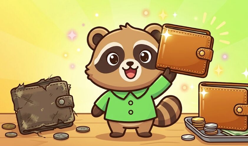 新しい財布をうれしそうに掲げるたぬきと、古い財布から新しい財布への変化を左右対比で表した華やかなイラスト