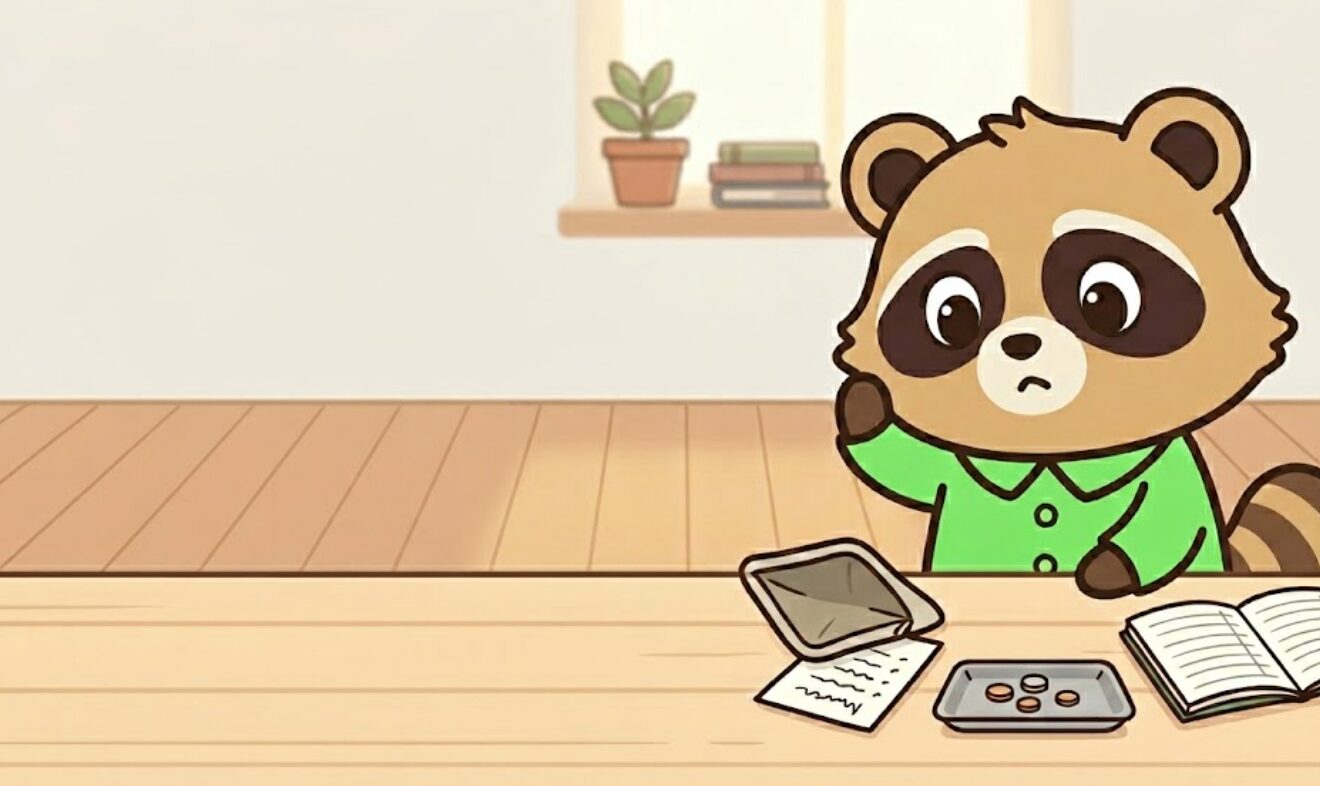 贅沢をしていないのに、緑のシャツを着たたぬきが空に近い財布とレシートを見て不思議そうにしている様子