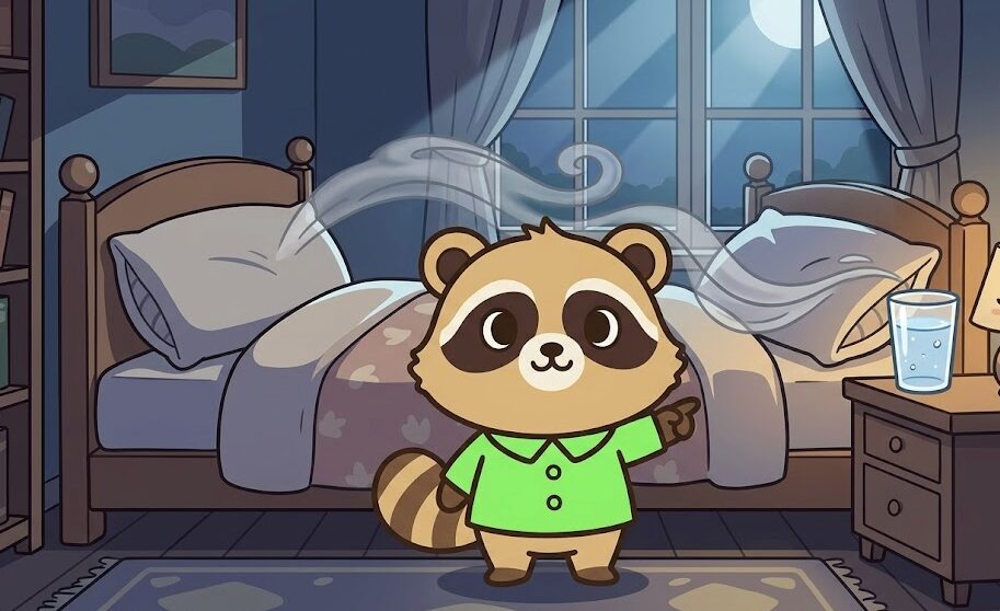 寝室で、たぬきが枕元のコップの水を指差し、まわりのもやが水に集まる様子を説明している