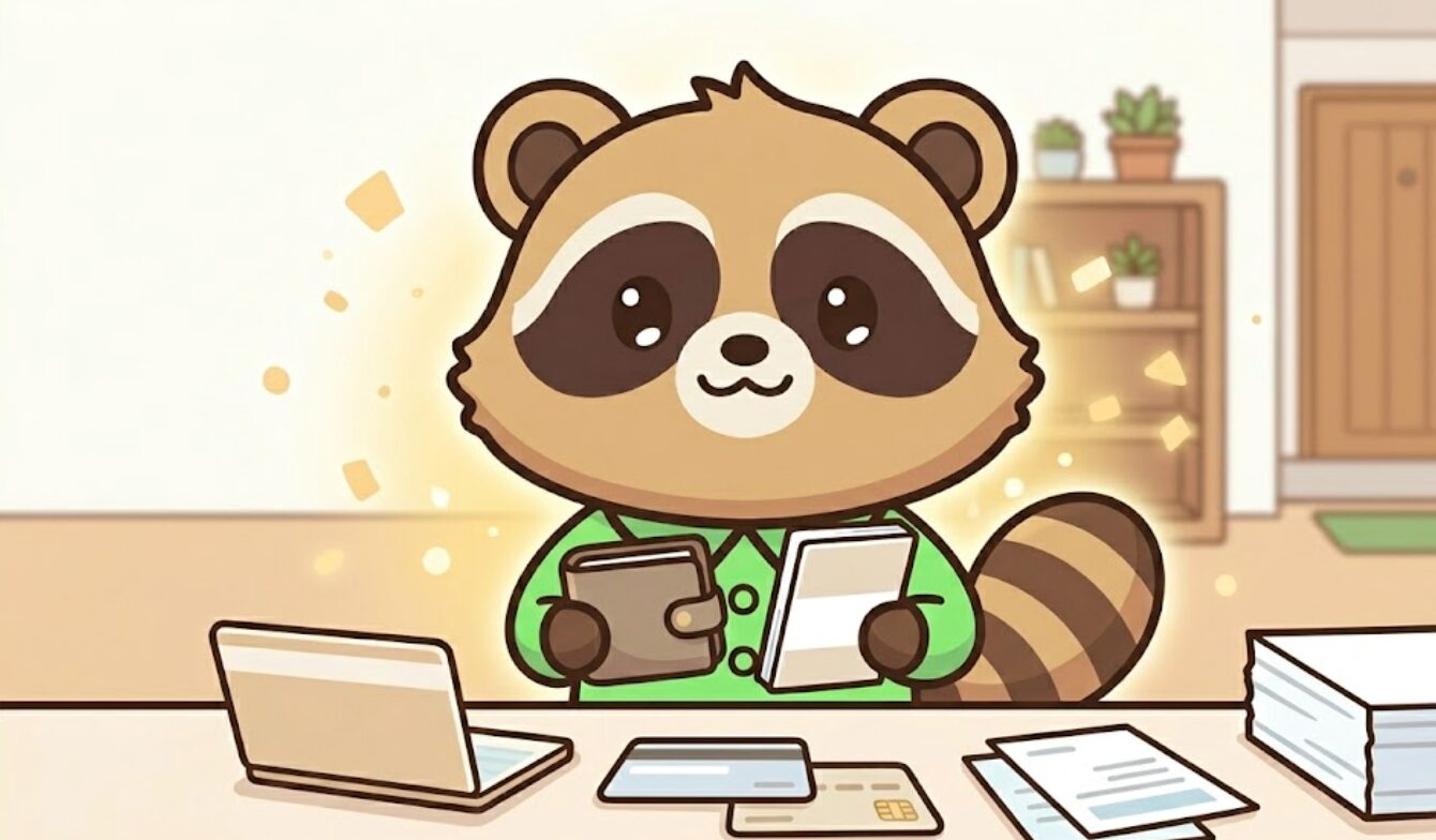 緑のシャツを着たたぬきが机の前で財布と家計簿を持ち、家計の見直しに少し困りながらも安心した表情に変わっていく様子