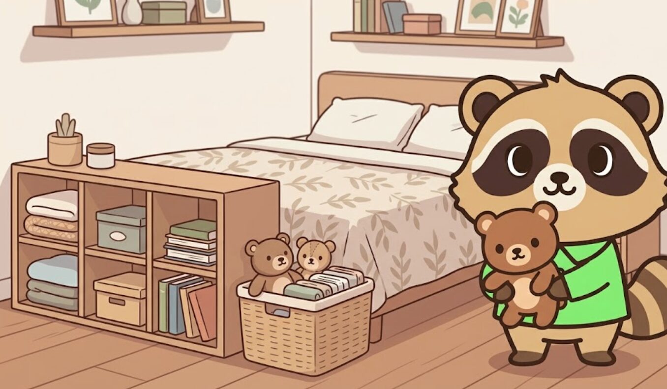 ぬいぐるみを持ちながら、寝室をやさしく整えているたぬきのイラスト