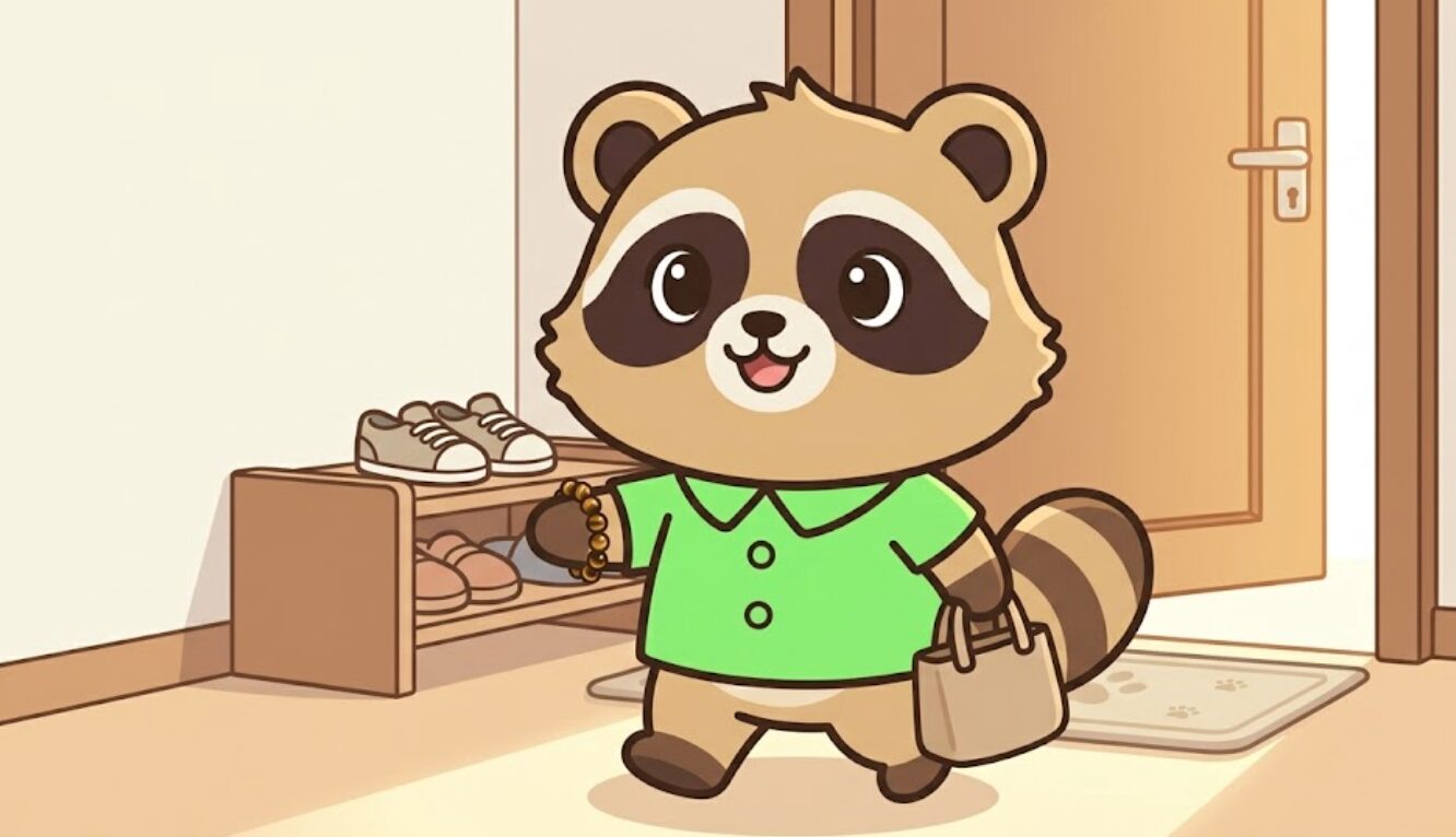 右手に小粒のタイガーアイブレスレットをつけ、前向きに一歩踏み出しているたぬきのイラスト