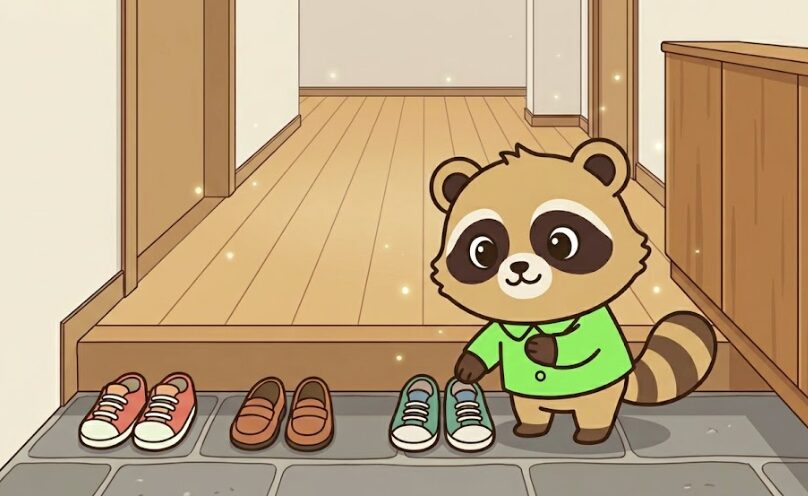 風水をきっかけに始める玄関の靴出しっぱなし対策を表現した、玄関のたたきで外履きの靴をそろえながら前向きに片付けを始める緑のシャツのたぬきキャラクターのブログ用挿絵