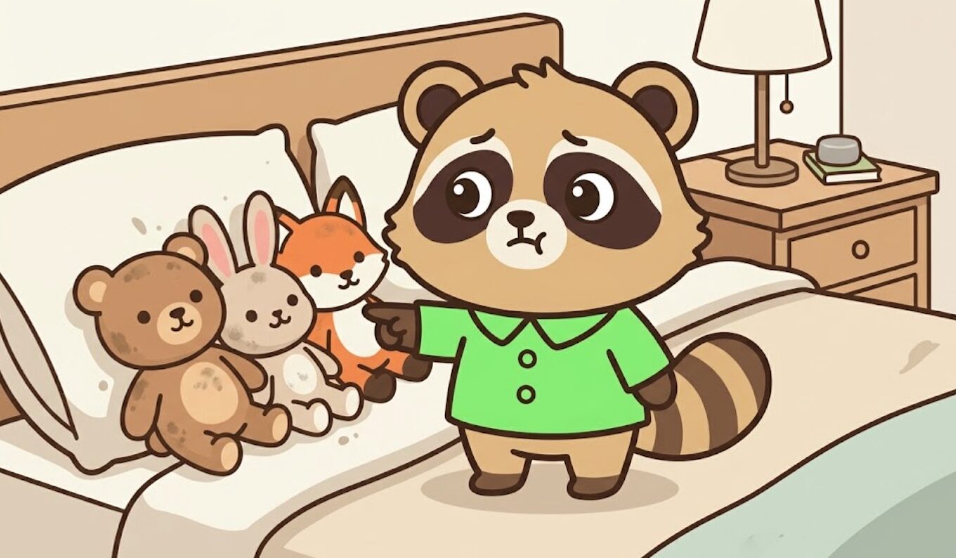 枕元に並んだぬいぐるみを見ながら、たぬきが困った表情で説明している寝室のイラスト