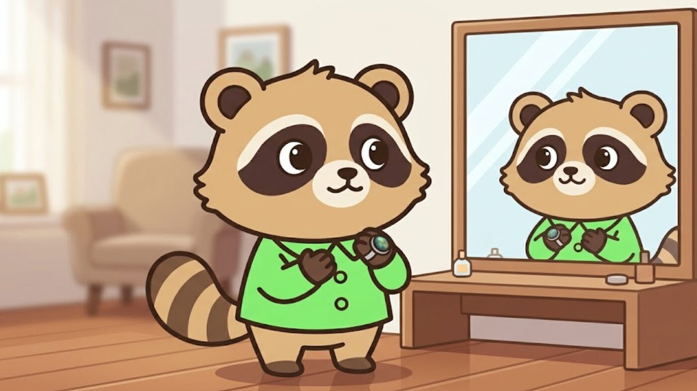 鏡の前でラブラドライトのリングを持ちながら自分を見つめる緑のシャツのたぬき