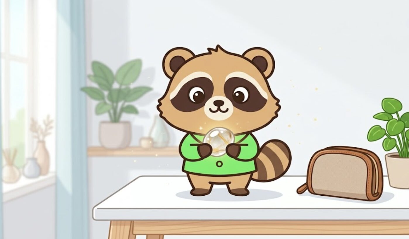 緑のシャツを着た中性的なたぬきがルチルクオーツを大切そうに見つめ、ミニ財布と観葉植物とともに金運が育つような豊かさを表している