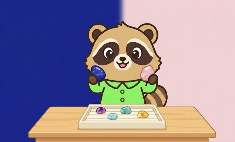 ラピスラズリと他の天然石の組み合わせを比較するたぬきキャラクター