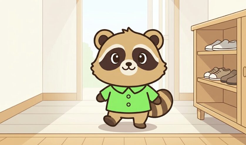 すっきり片付いた玄関で晴れやかな表情を見せる緑のシャツのたぬき