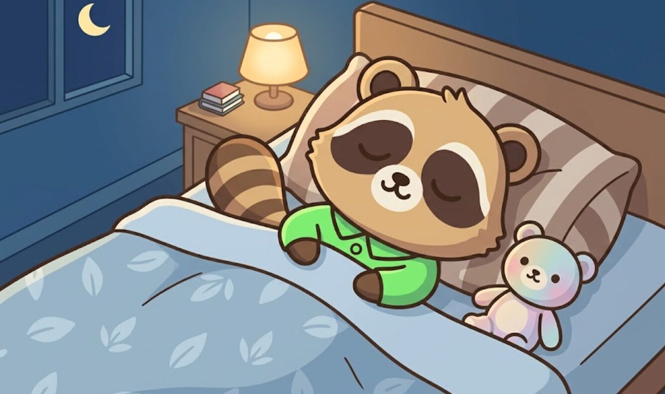 夜の寝室で、布団の中で眠るたぬきと、枕元にやさしく置かれたぬいぐるみを描いたイラスト