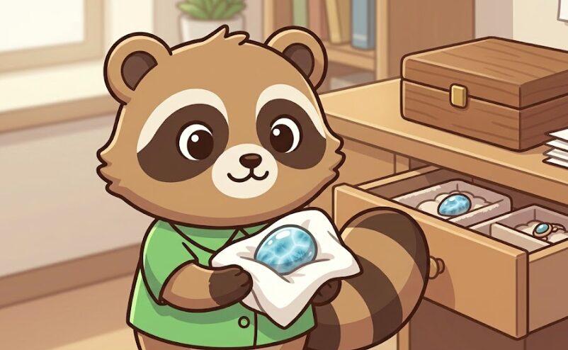 ラリマーを白い布で包み、引き出しにしまって物理的な距離を置く緑のシャツのたぬきのイラスト