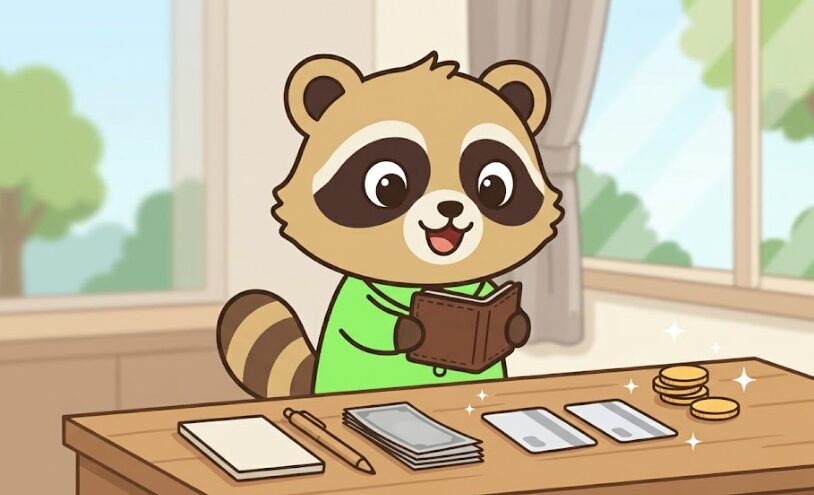 新しい財布を両手で持ったたぬきが、机の上のコインやカードを確認しながらうれしそうにしている