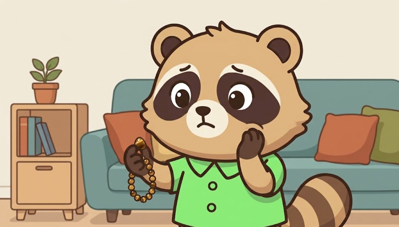 小さなタイガーアイアクセサリーを少し離して持ち、困った表情で見つめているたぬきのイラスト